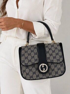 Gucci Navy GG Canvas Leather Top Handle Handbag